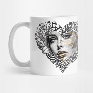 Golden Impasto Reflections: Abstract Portrait-- An artistic depiction of a striking girl's face in a close-up pencil sketch Mug